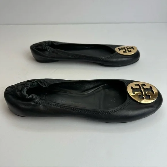 Tory Burch Ballet Flats Black Women's Size 7 Shoes Black Gold Medallion Leather - Picture 2 of 11